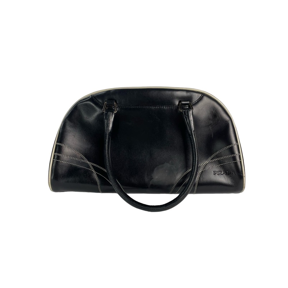 PRADA Vintage Leather Bowling Handbag Designer Satchel Black Shoulder Purse